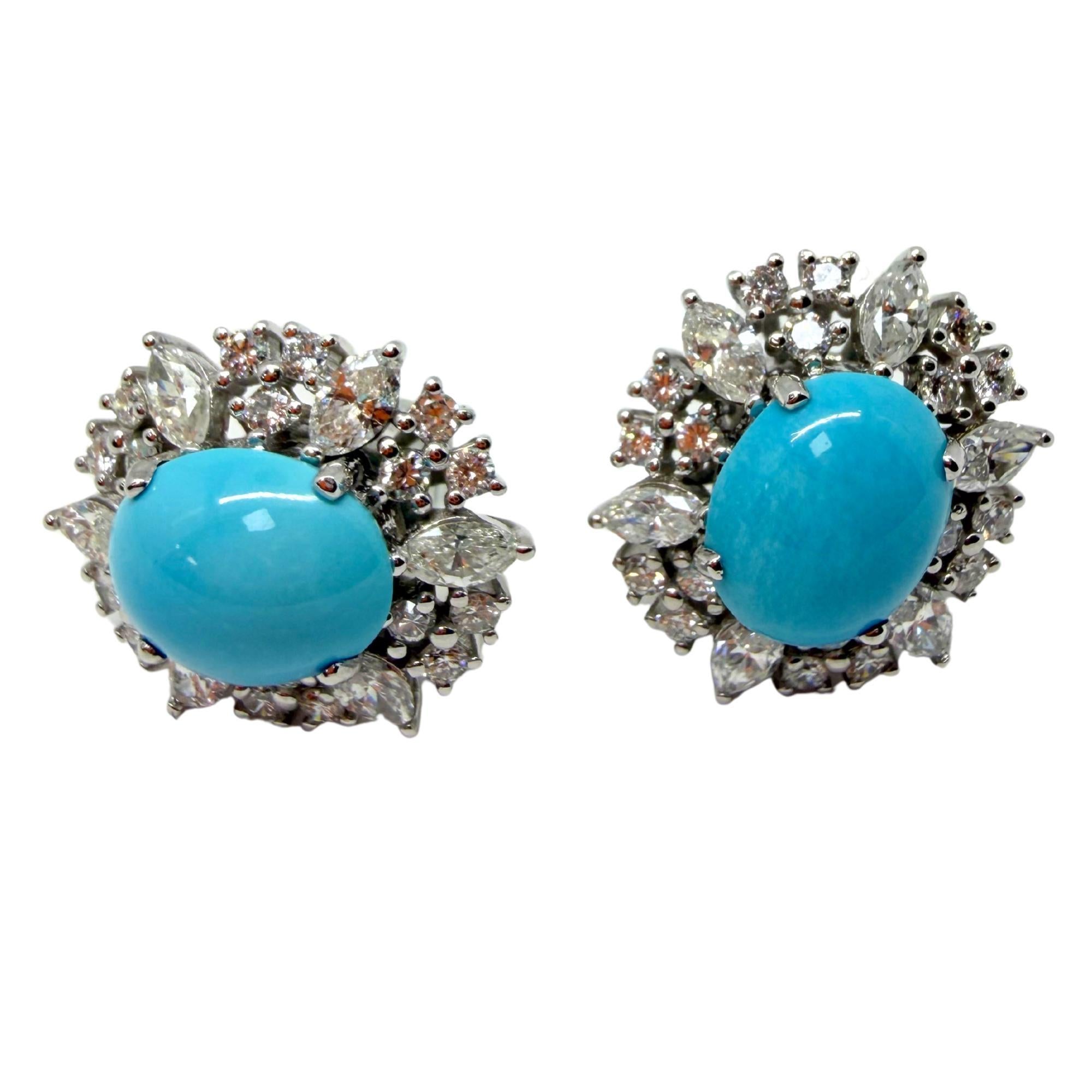 Boucles d'oreilles en platine avec halo de turquoise ovale et diamant taille marquise de 1,75 carat en vente 3