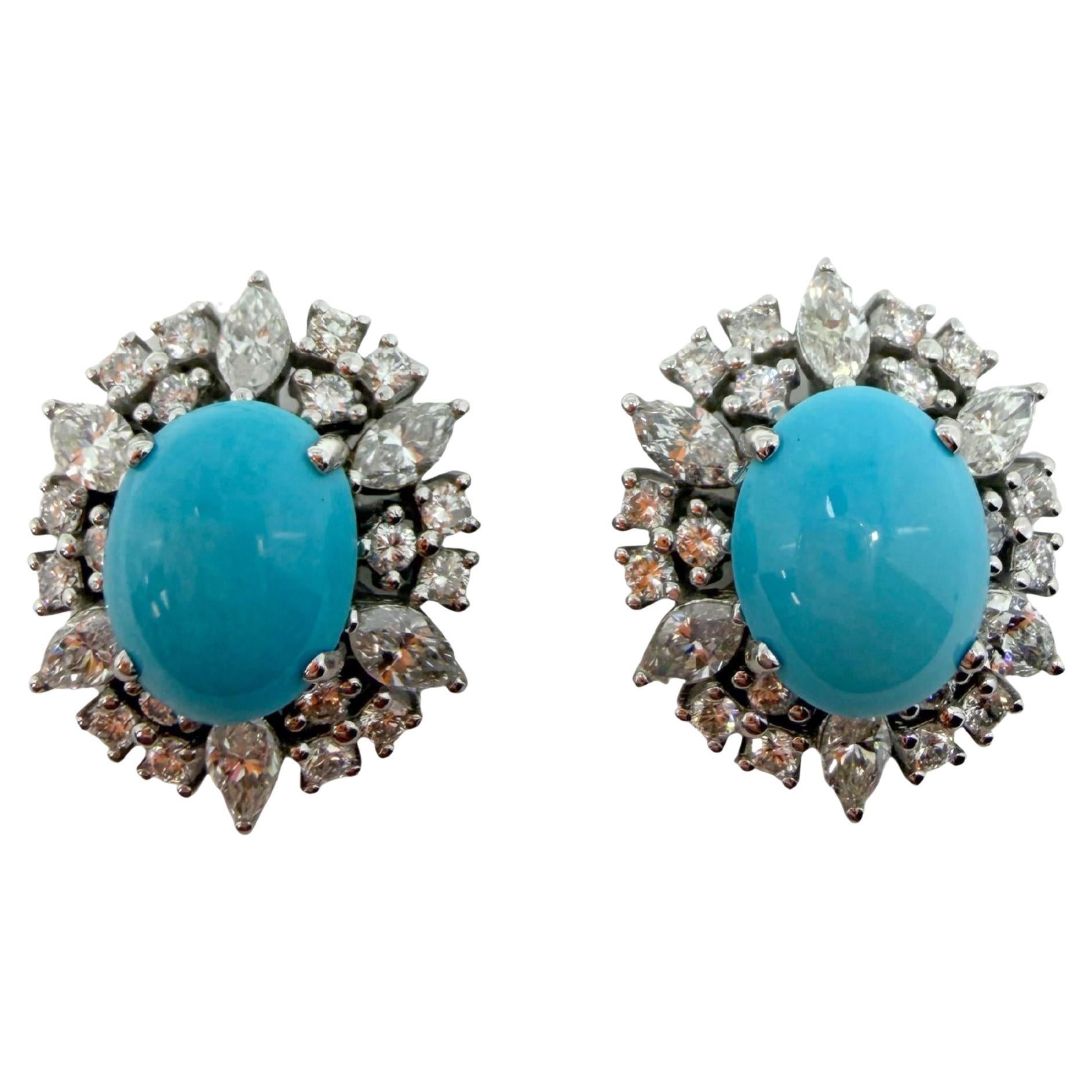 Orecchini in platino con diamante taglio marquise da 1,75 carati e turchese ovale a forma di cono