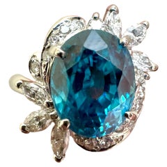Platinum Marquise Diamond 5.03 Carat Oval Blue Zircon Engagement Ring