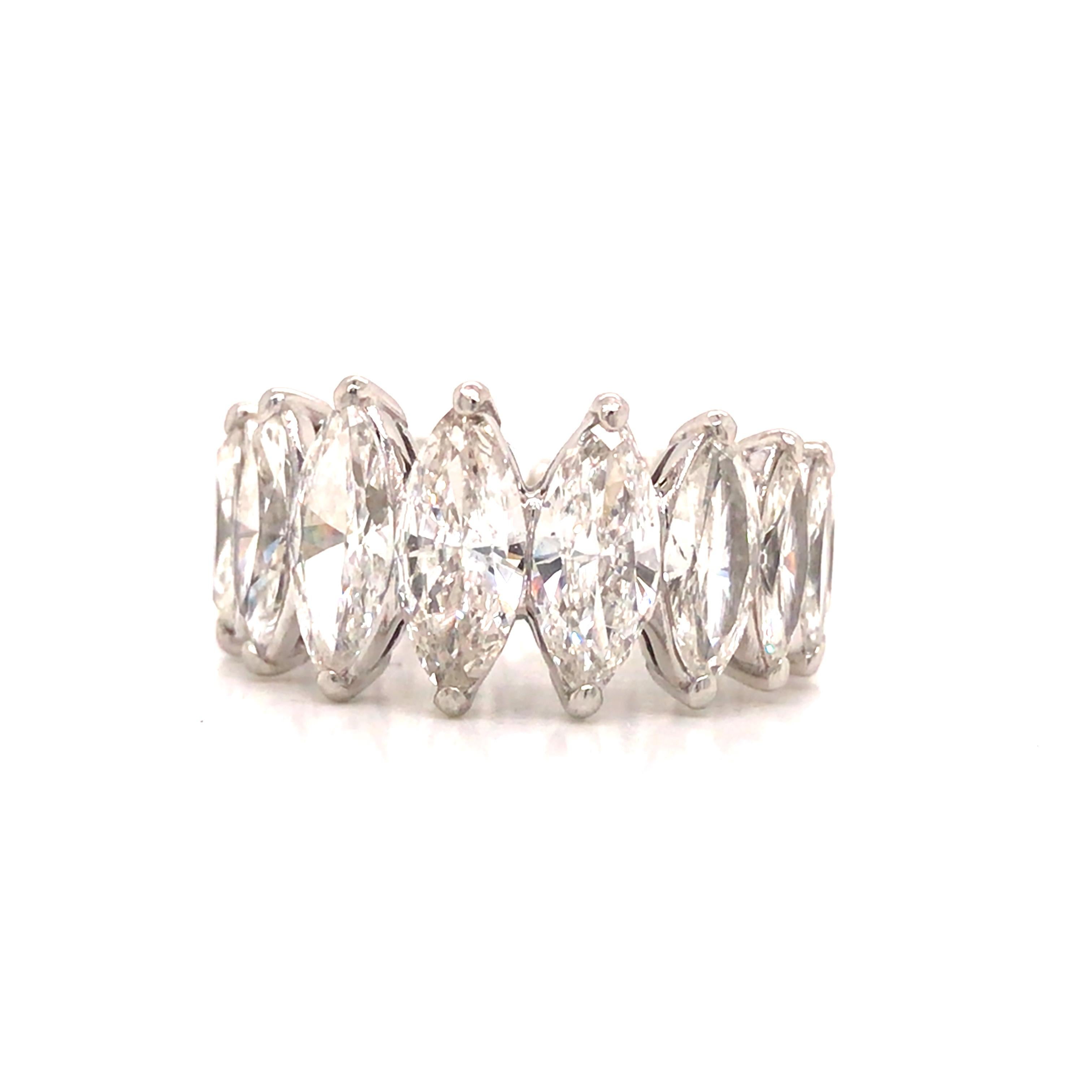 Marquise Diamond Eternity Band in Platinum.  Marquise Diamonds weighing 9.03 carat total weight, G-H in color and VS in clarity are expertly set in graduation.  The Band measures 3/8 inch in width.  Ring size 6. 9.17 grams.