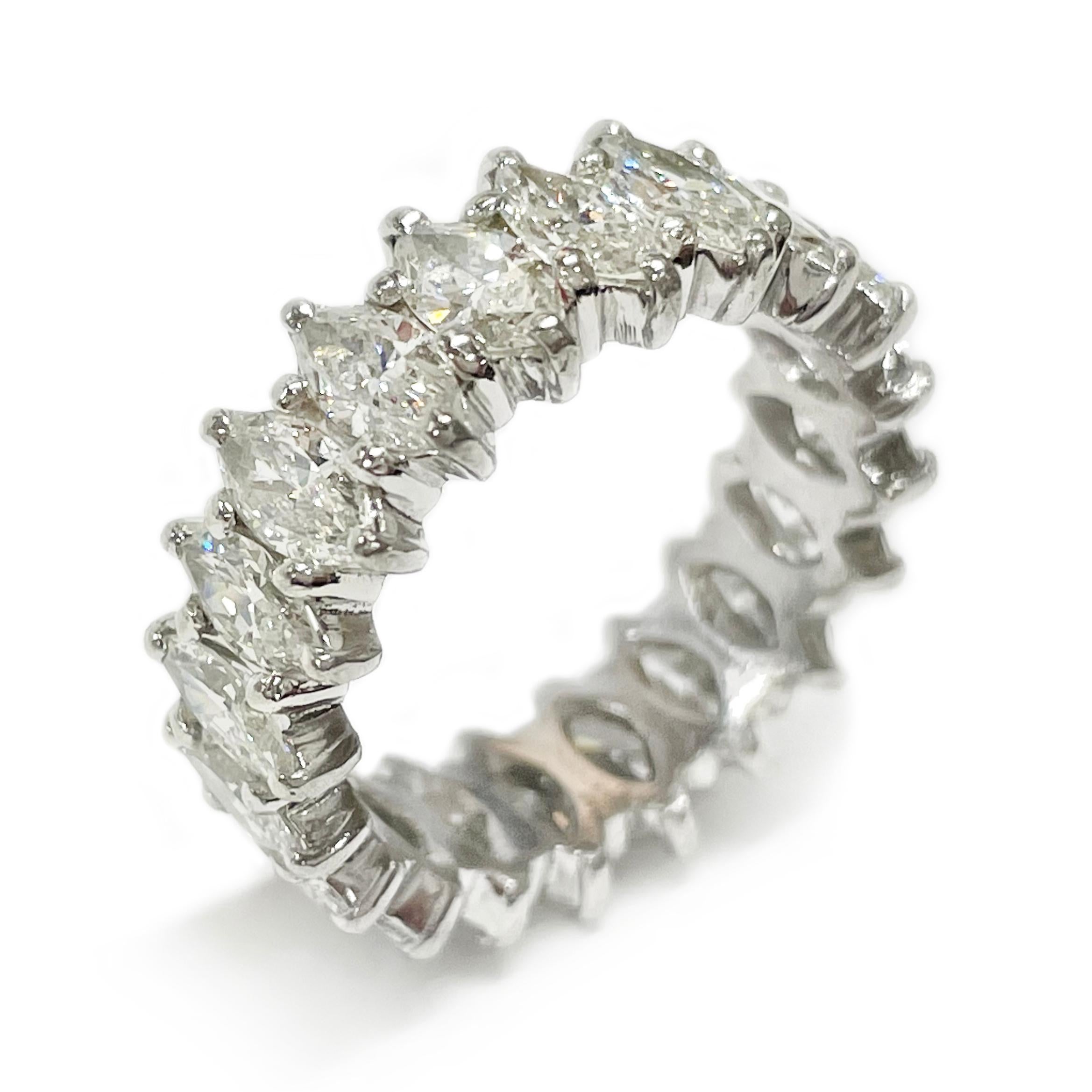Platinum Marquise Diamond Eternity Ring. The ring features twenty 5.5 x 3.5 - 5 x 3mm marquise diamonds prong-set around the eternity ring. The diamonds have a total carat weight of 4.00ctw. All the diamonds are SI1-SI2 in clarity (G.I.A.) and G-H