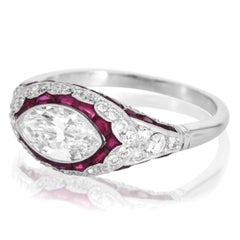 PLatinum Marquise Diamond Ruby Art Deco East-West Ring