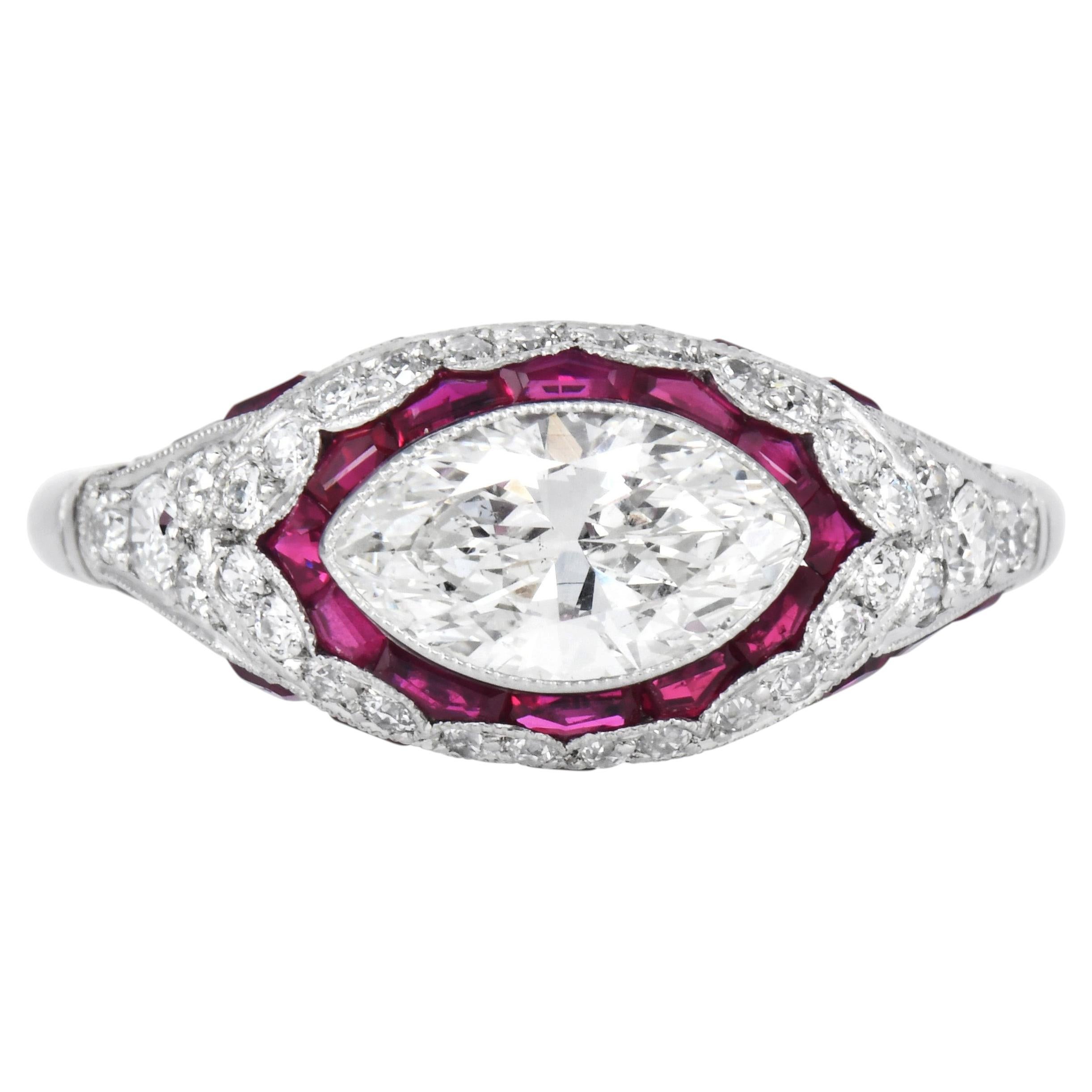 PLatinum Marquise Diamond Ruby Art Deco East-West Ring