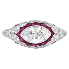 PLatinum Marquise Diamond Ruby Art Deco East-West Ring