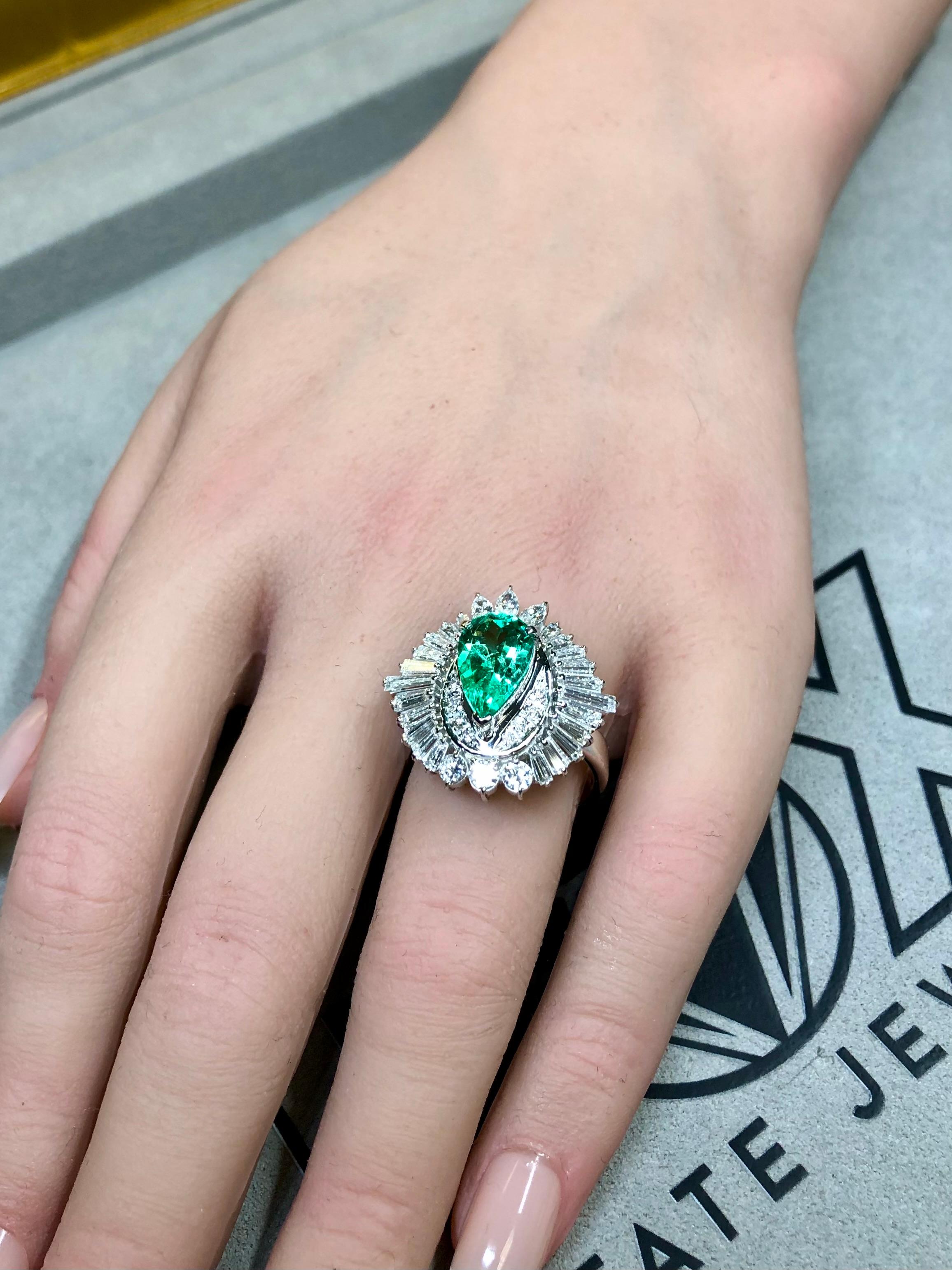 Platinum Marquise Round Diamond Emerald Ballerina Cocktail Ring 4.40ctw Sz 7.5 For Sale 6
