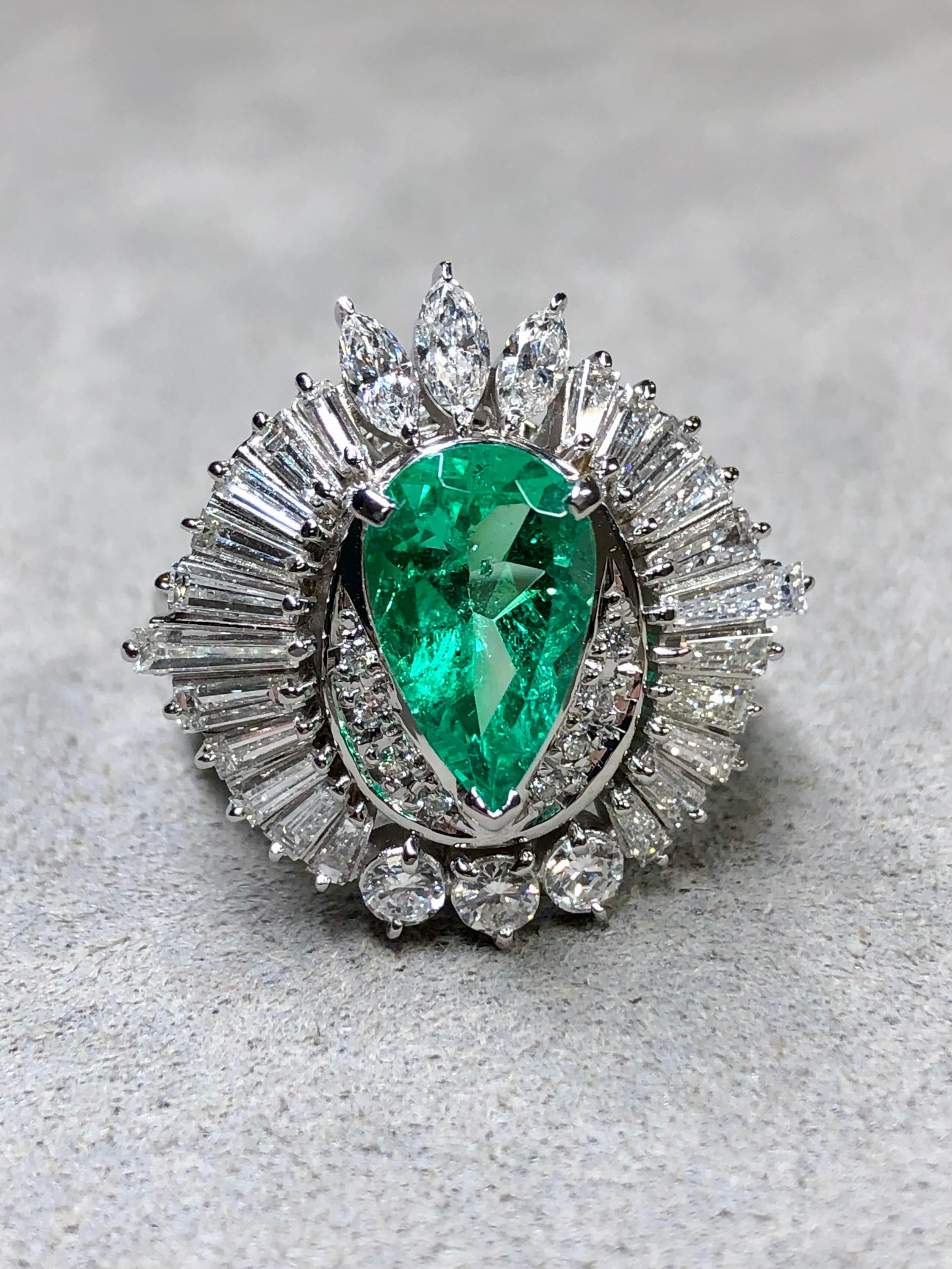 Pear Cut Platinum Marquise Round Diamond Emerald Ballerina Cocktail Ring 4.40ctw Sz 7.5 For Sale