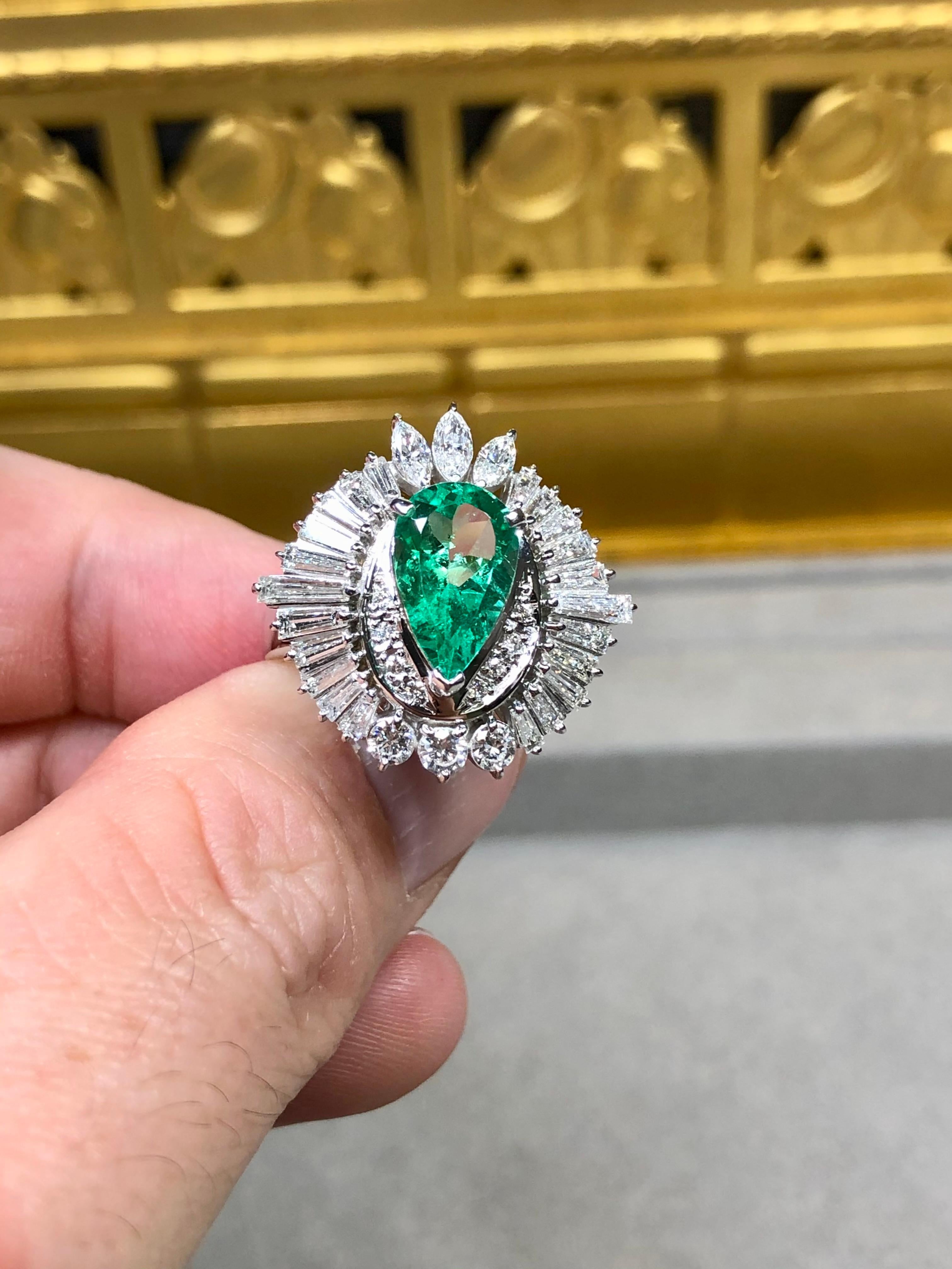 Platinum Marquise Round Diamond Emerald Ballerina Cocktail Ring 4.40ctw Sz 7.5 For Sale 2