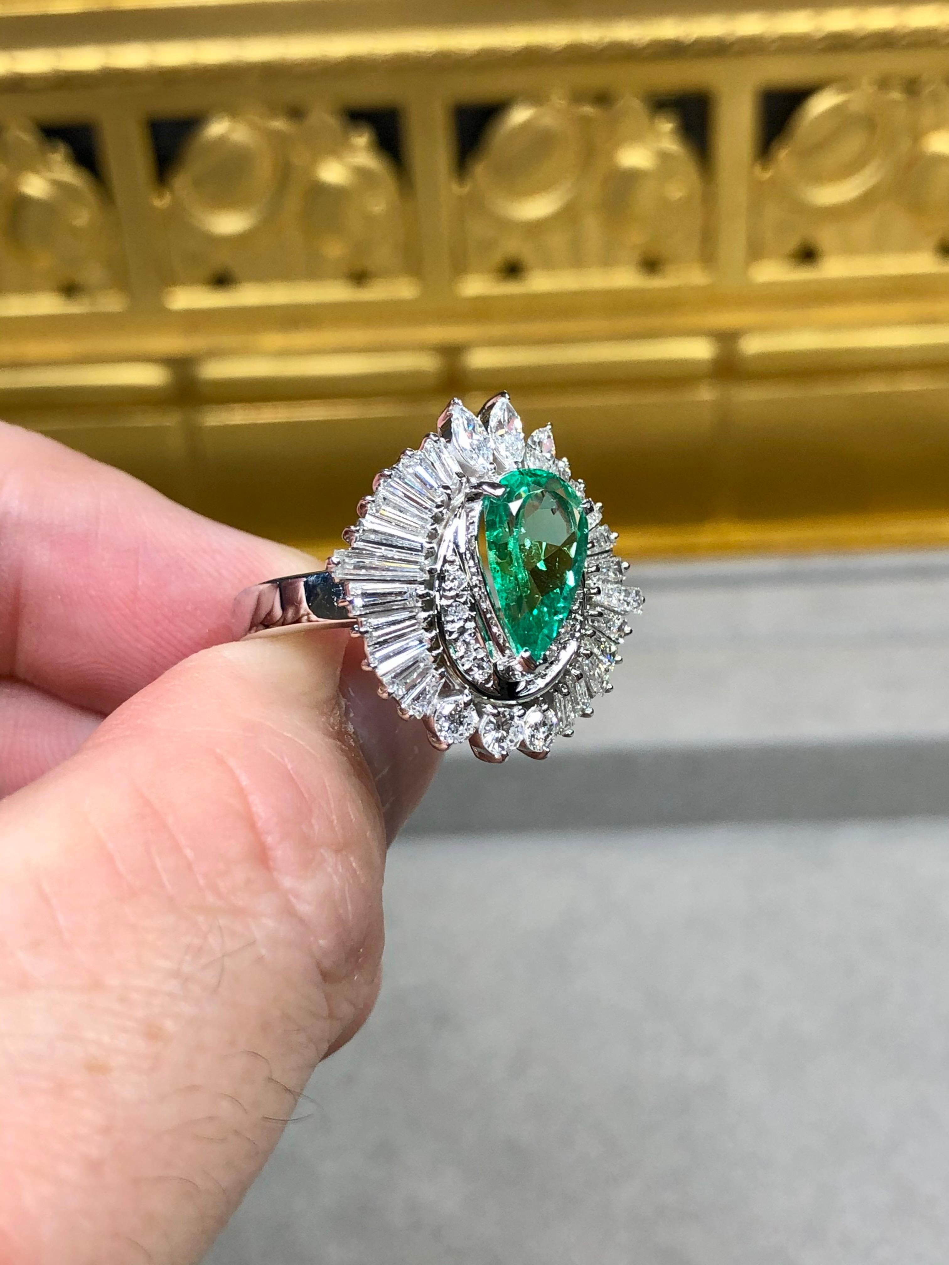 Platinum Marquise Round Diamond Emerald Ballerina Cocktail Ring 4.40ctw Sz 7.5 For Sale 3