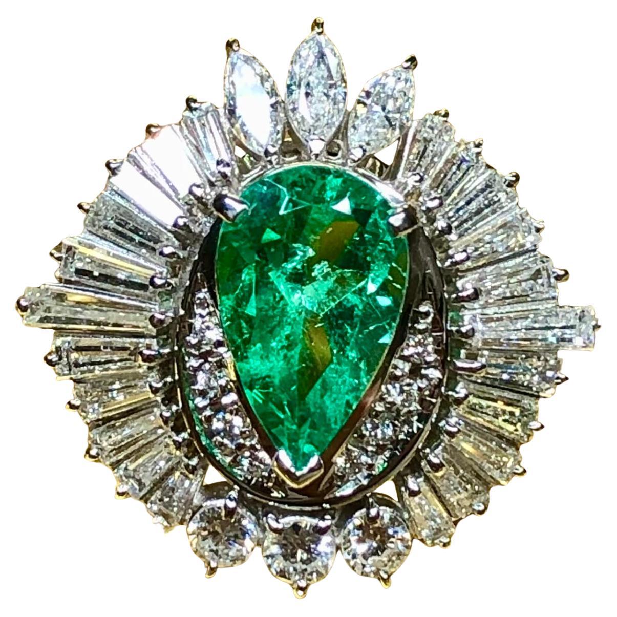 Platinum Marquise Round Diamond Emerald Ballerina Cocktail Ring 4.40ctw Sz 7.5