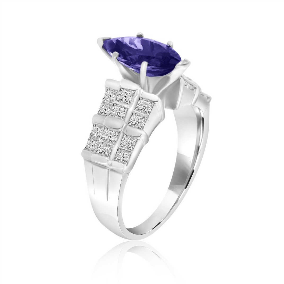 This Pre- Owned Platinum ring features a 1.99- carat marquise-shaped AAA Tanzanite set in six prongs. Three rows of twenty-four princess cut-shaped diamonds in an approximate weight of 2.00 Carat invisible set add to its glamorous look! The ring is