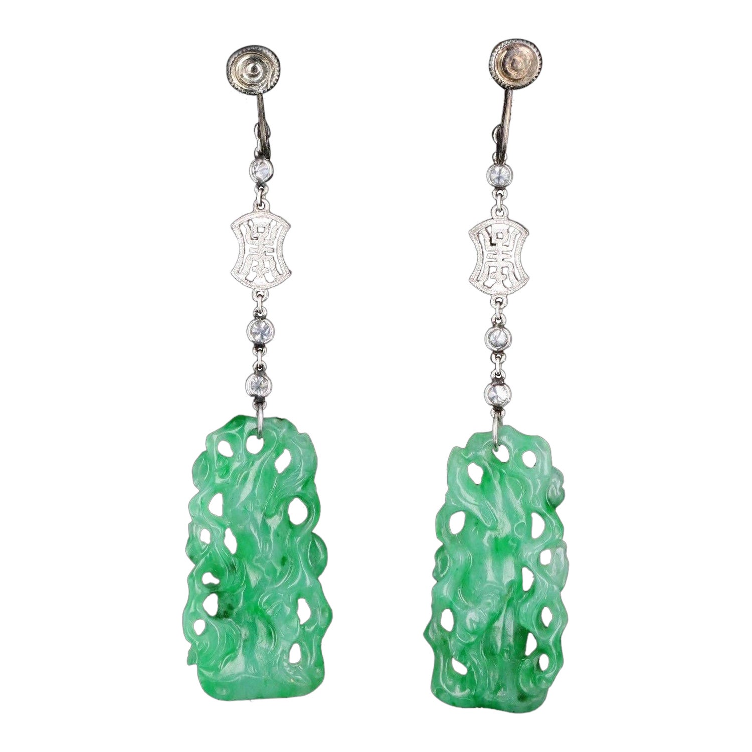 Platine Marsh & Co. Boucles d'oreilles Art Déco en jade et diamant en vente