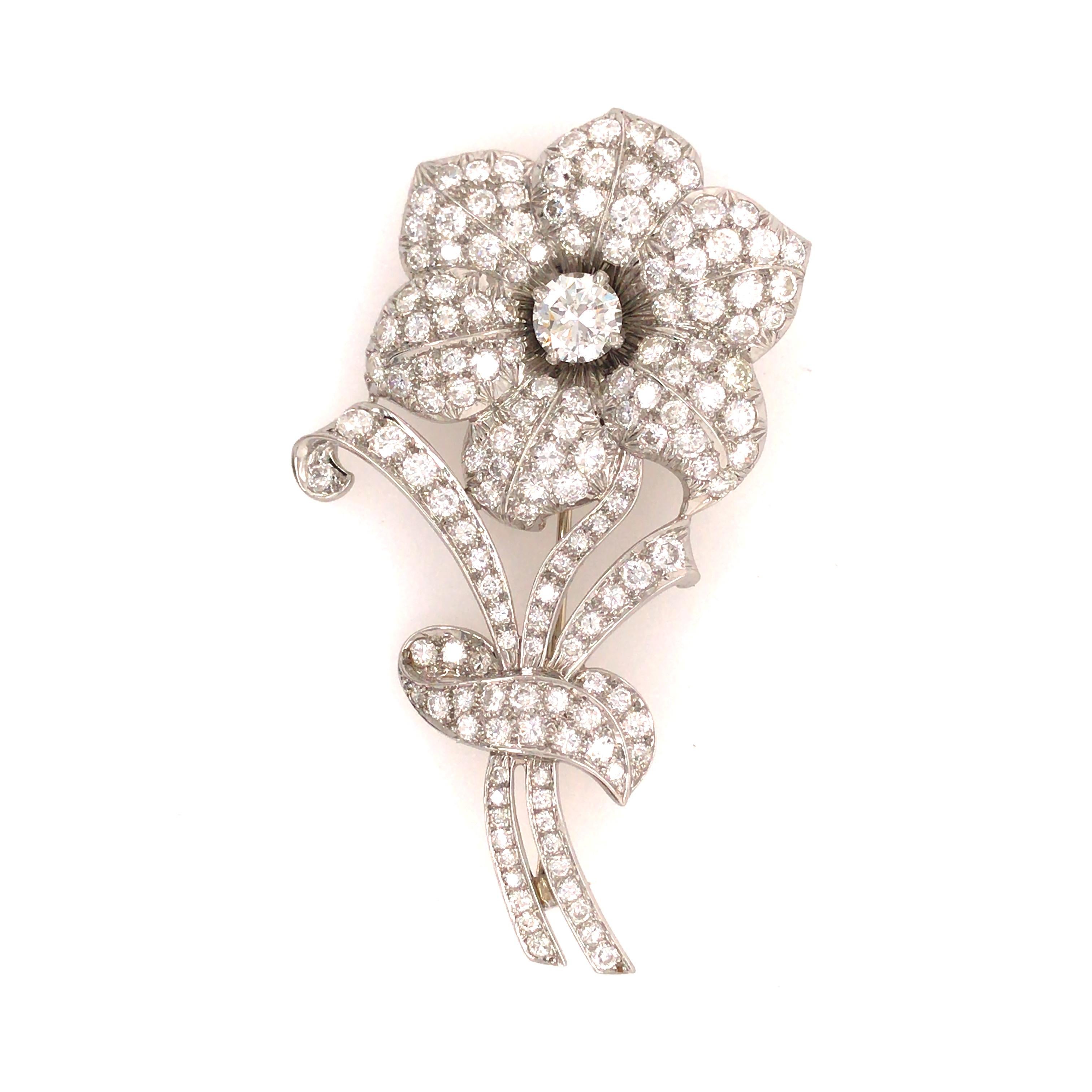 Women's Platinum Maurice Tishman Diamond Flower Pin For Sale