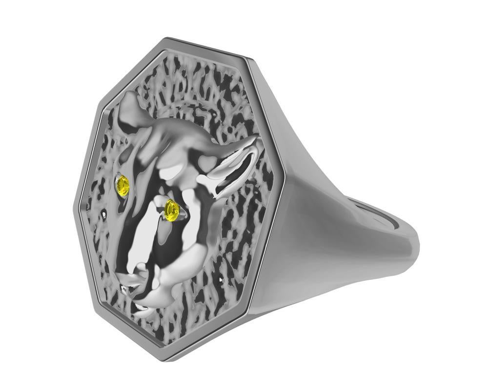 For Sale:  Platinum Mens Cougar Signet Ring with Yellow Sapphire Eyes 11