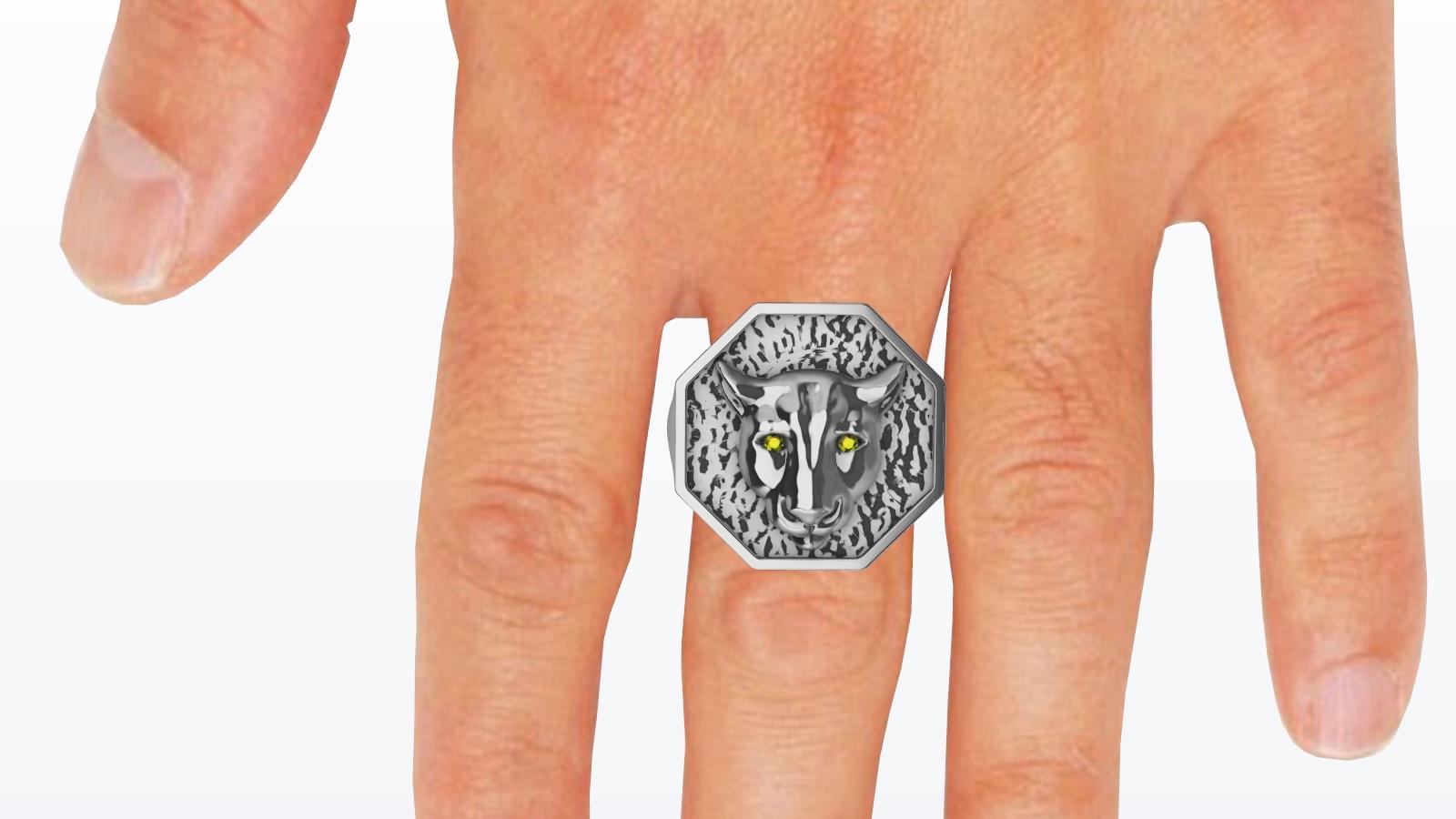 For Sale:  Platinum Mens Cougar Signet Ring with Yellow Sapphire Eyes 3