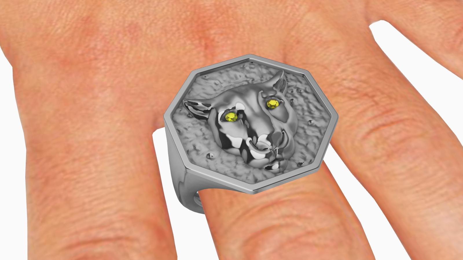 For Sale:  Platinum Mens Cougar Signet Ring with Yellow Sapphire Eyes 4