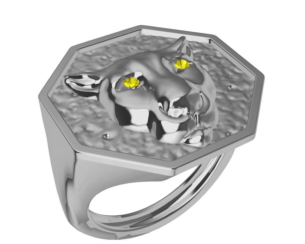 For Sale:  Platinum Mens Cougar Signet Ring with Yellow Sapphire Eyes 5