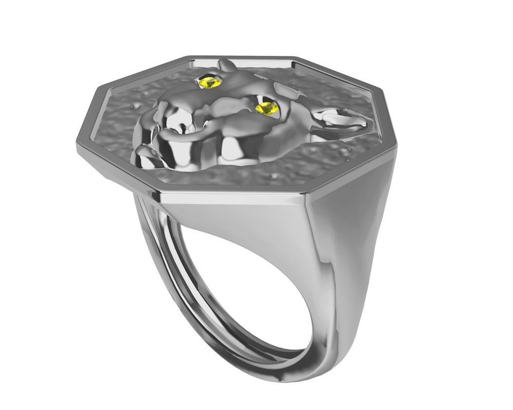 For Sale:  Platinum Mens Cougar Signet Ring with Yellow Sapphire Eyes 7