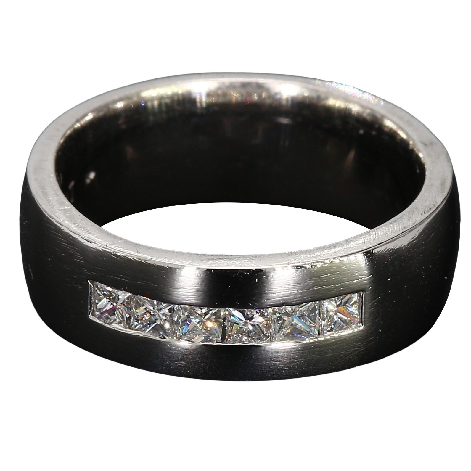 Platinum Men's Diamond Band with Six Channel Set Princess Diamonds - Size 6.75 For Sale