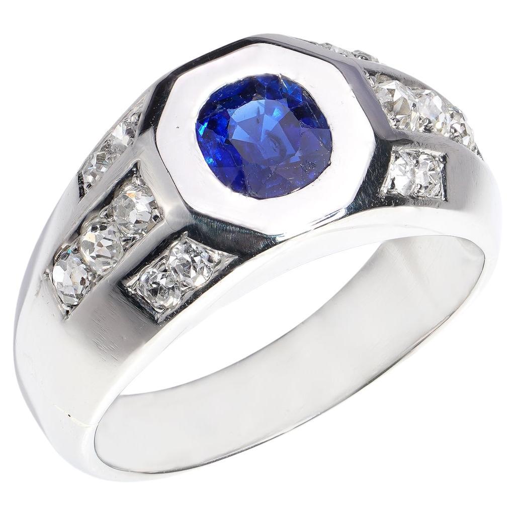 Platinum men's ring with blue sapphire and old-cut diamonds For Sale