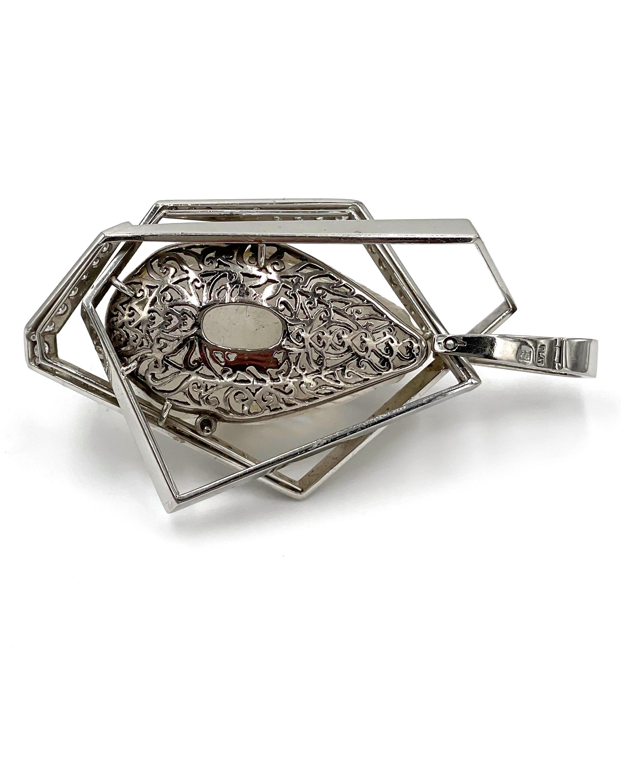 Round Cut Platinum Mesoamerican Pendant with Carved Rock Crystal & Diamond For Sale