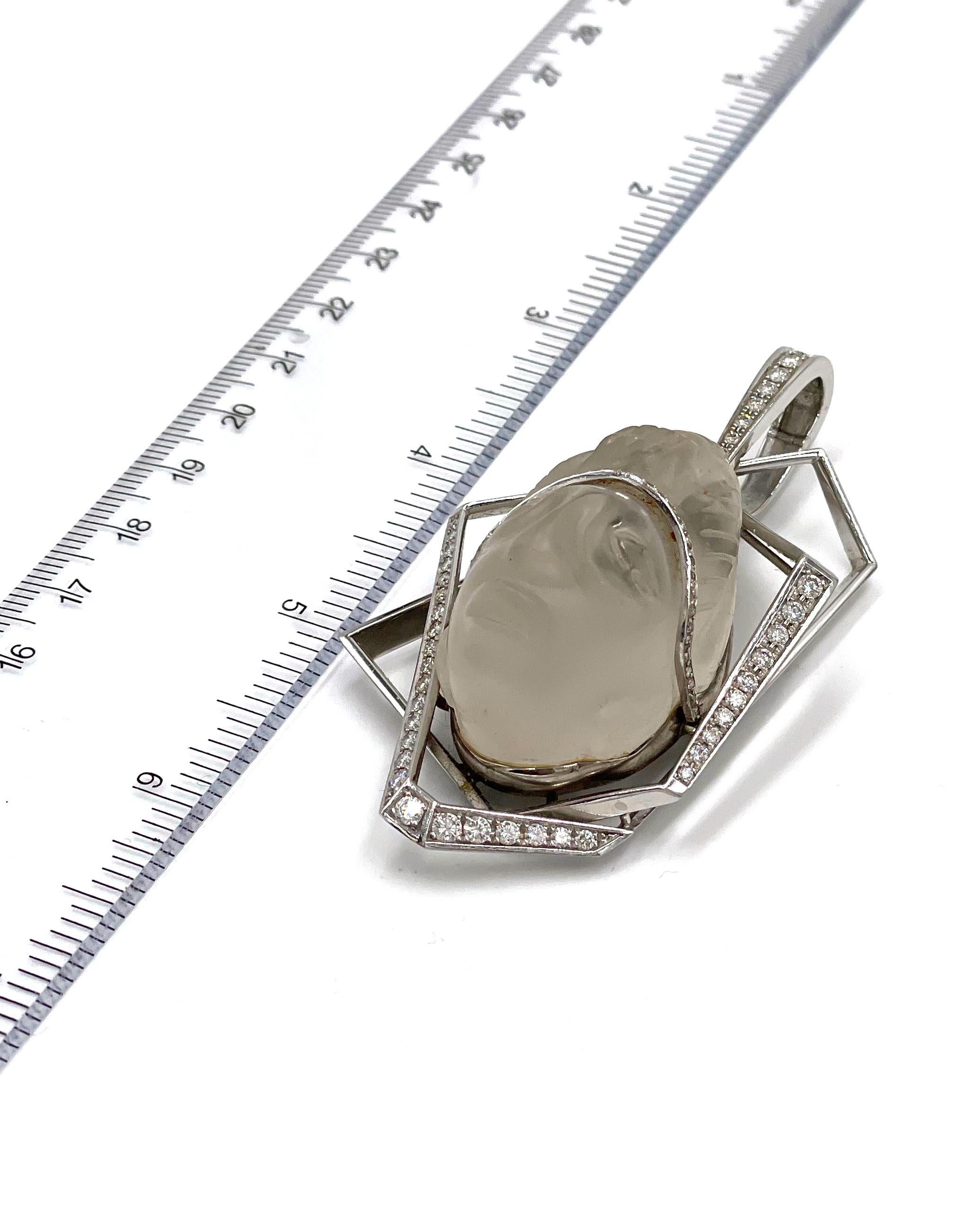 Platinum Mesoamerican Pendant with Carved Rock Crystal & Diamond In Good Condition For Sale In Old Tappan, NJ