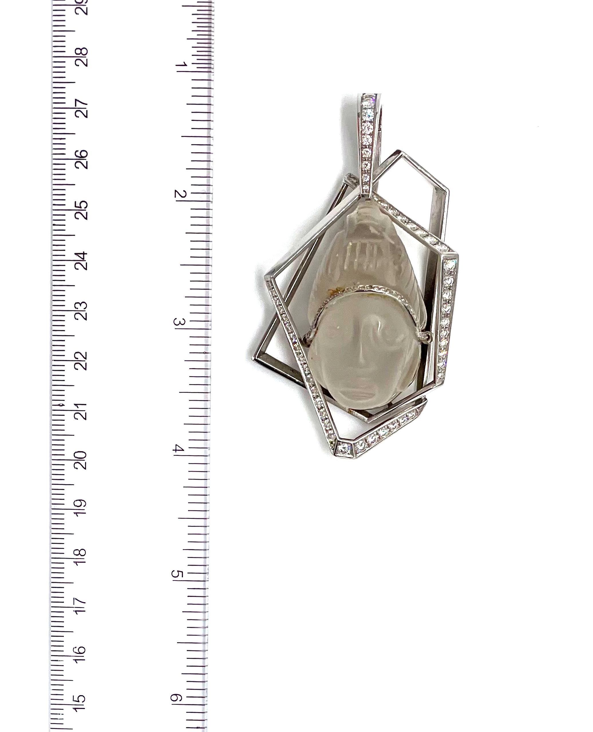 Women's Platinum Mesoamerican Pendant with Carved Rock Crystal & Diamond For Sale