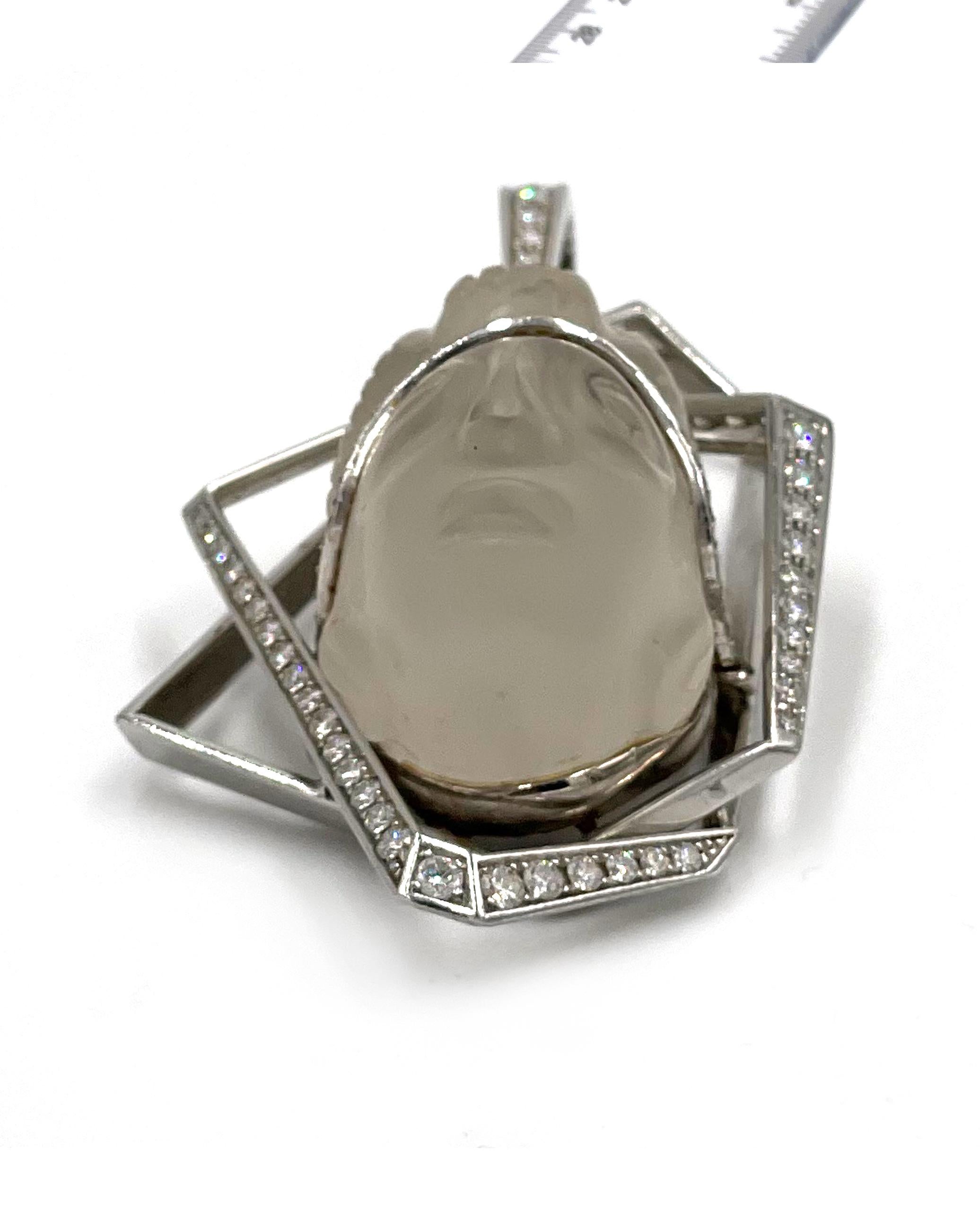 Platinum Mesoamerican Pendant with Carved Rock Crystal & Diamond For Sale 1