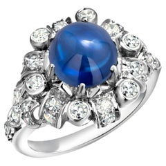Platinum Mid Century Cocktail Ring Ceylon Cabochon Sapphire Diamonds 2.95 Carats