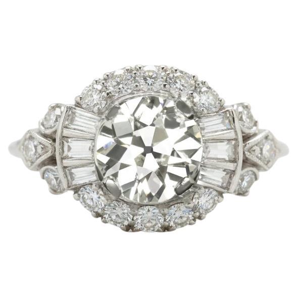 Bague cocktail en platine à diamants de taille européenne du milieu du siècle dernier