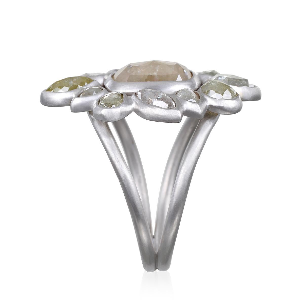 Platinum Milky Diamond Daisy Ring In New Condition For Sale In Westport, CT