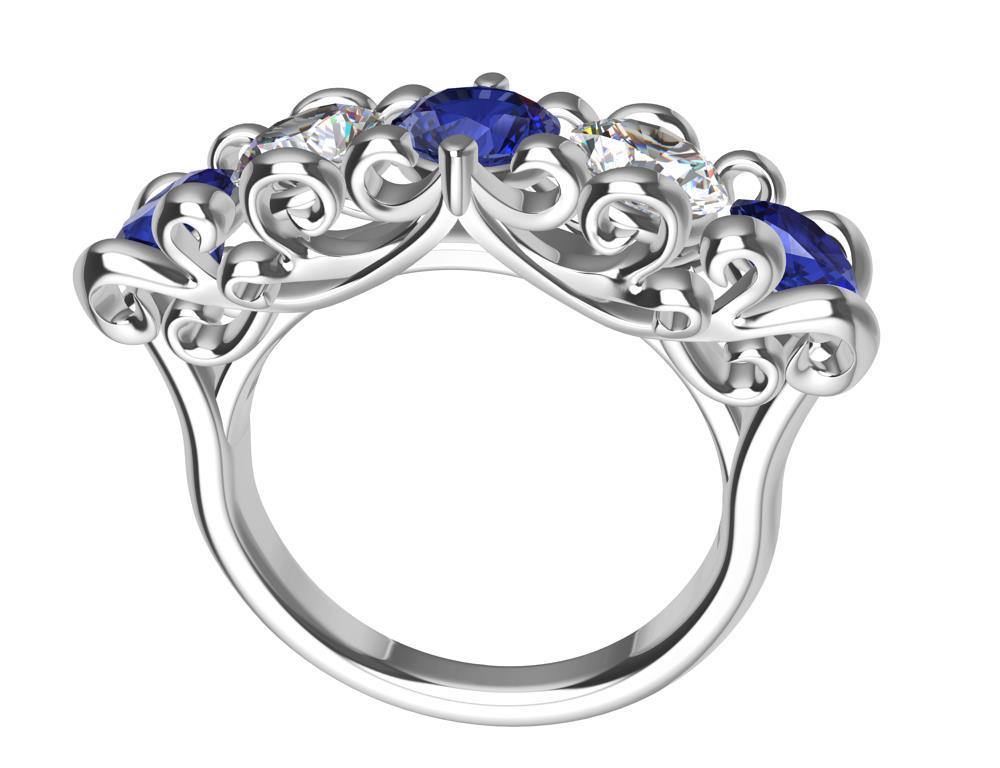 For Sale:  Platinum Modern Victorian Sapphires and GIA Diamonds Cocktail Ring 2
