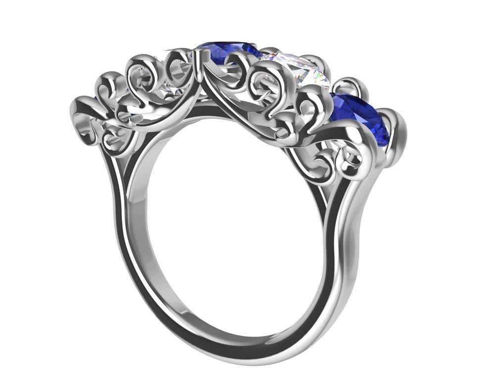 For Sale:  Platinum Modern Victorian Sapphires and GIA Diamonds Cocktail Ring 4