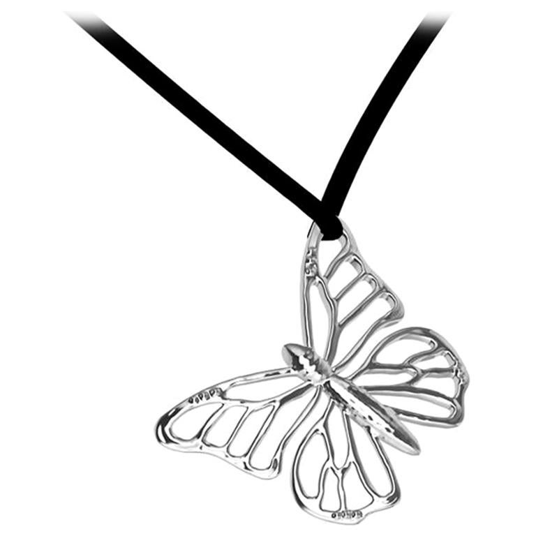 Platinum Monarch Butterfly 20 mm wide Pendant Necklace For Sale