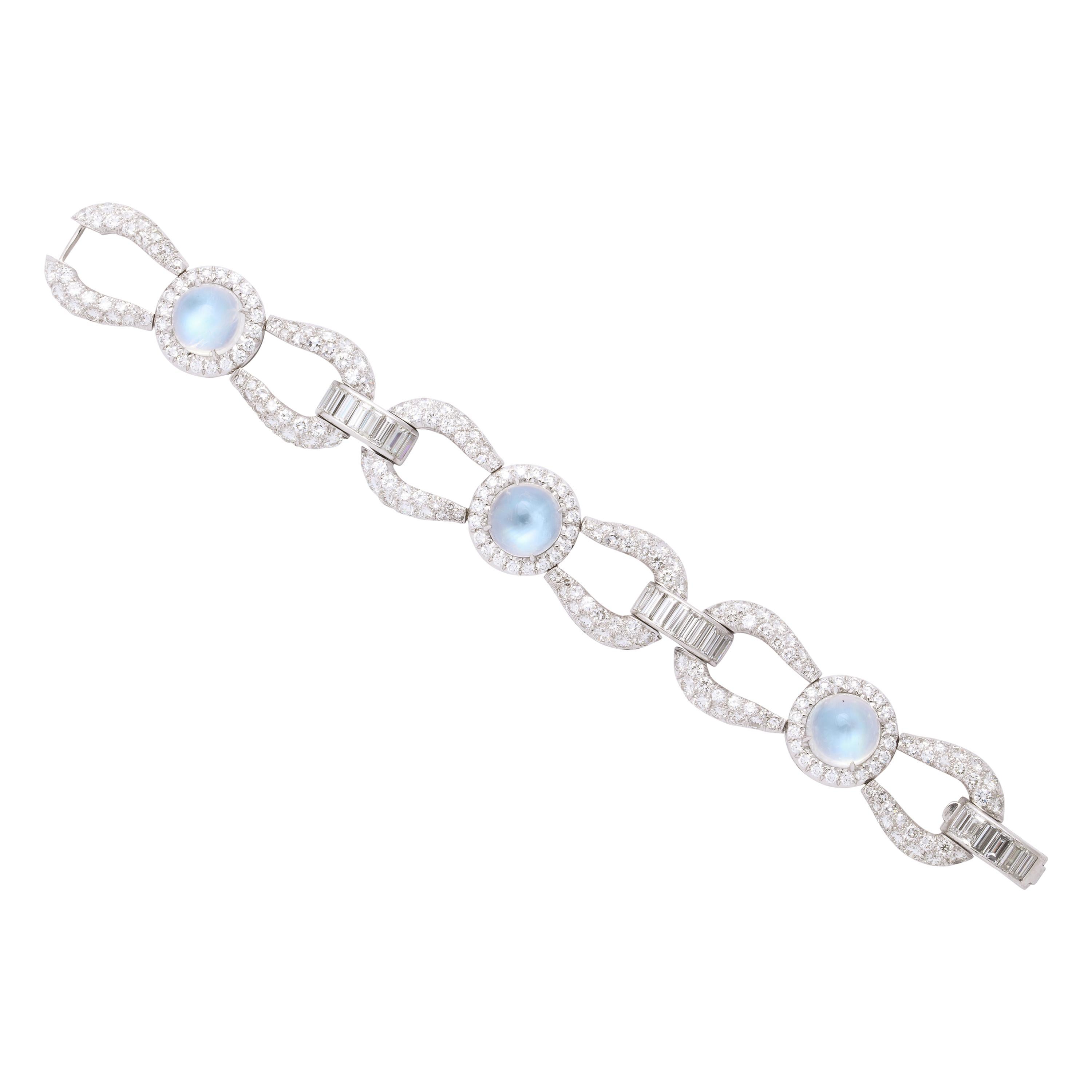 Platinum Moonstone and Diamond Open Link Bracelet For Sale