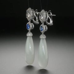 Diamond, Blue Sapphire, Moonstone and Zircon Platinum Dangle Earrings