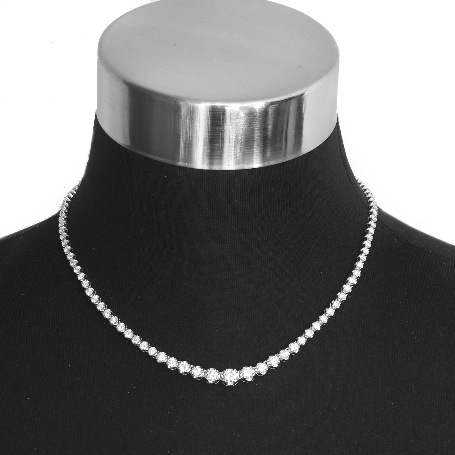 Platinum Mounting 10 ct Diamond Necklace - This is stunning 10 ct necklace set in platinum has round brilliant diamond that are gradually increasing and reach its peak in the middle. Total weight 25.6 grams.  Princess length at 16