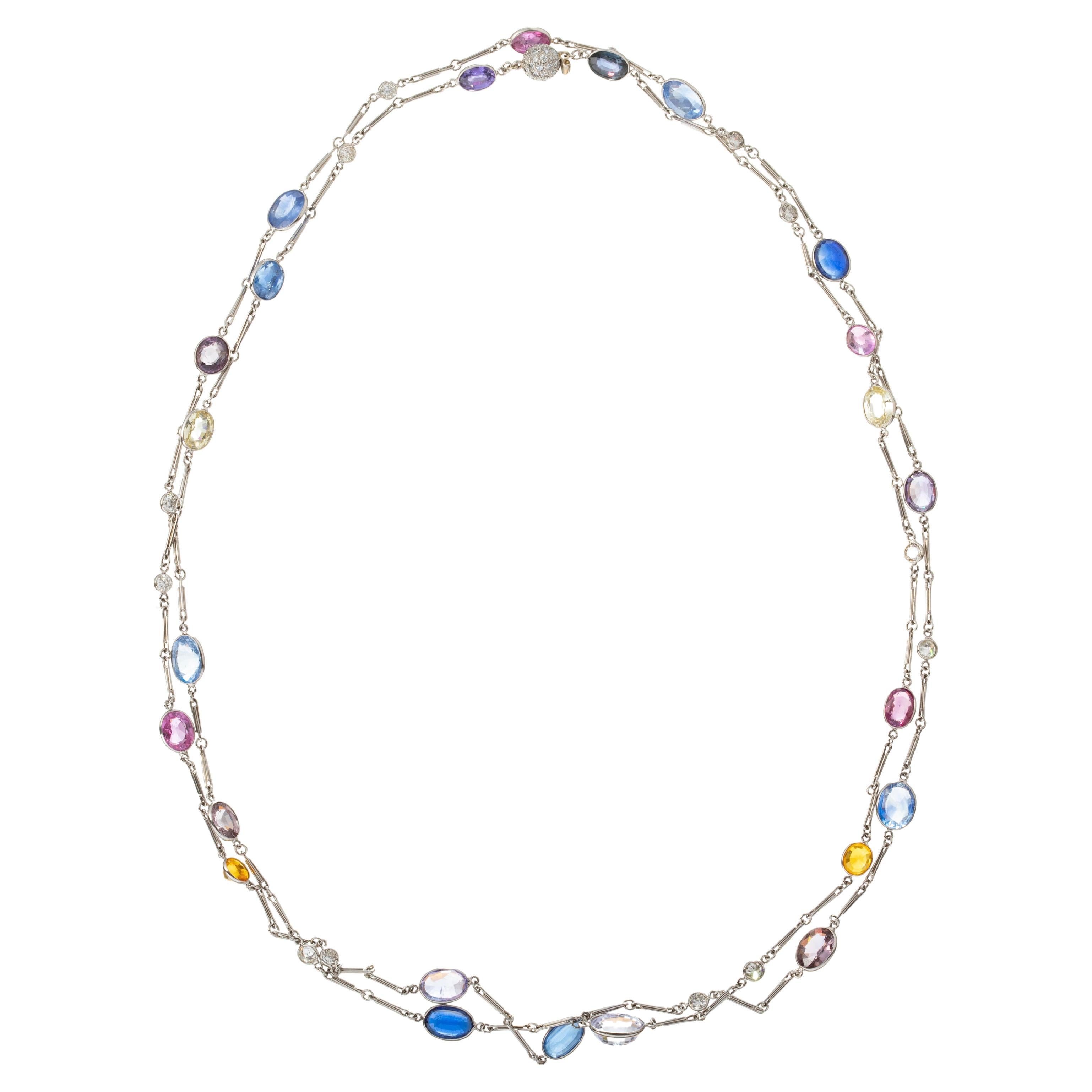 Platinum, Multi-Color Sapphire and Diamond by the Yard Style Necklace For Sale