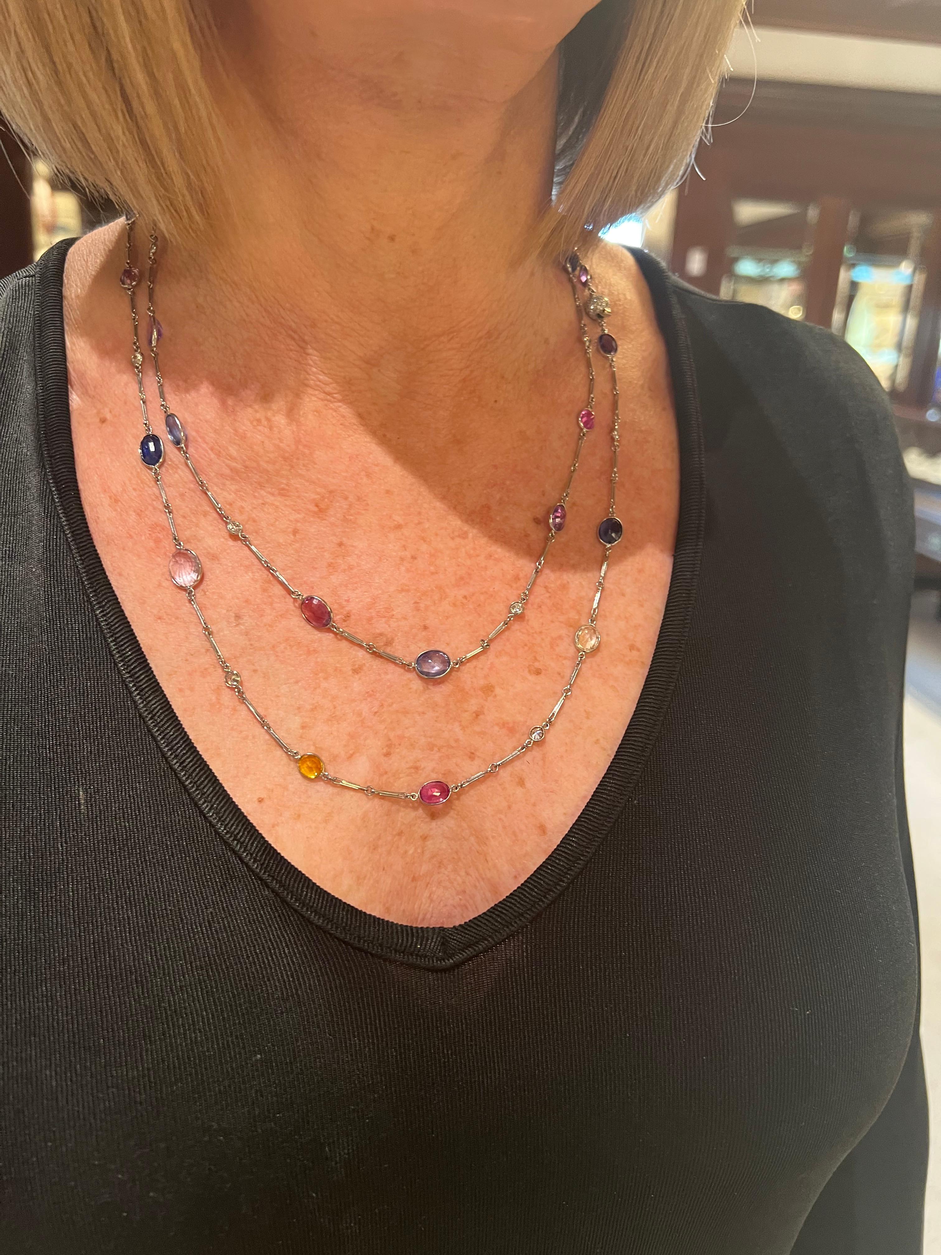 Platinum, Multi-Color Sapphire and Diamond by the Yard Style Necklace In Excellent Condition For Sale In Palm Beach, FL