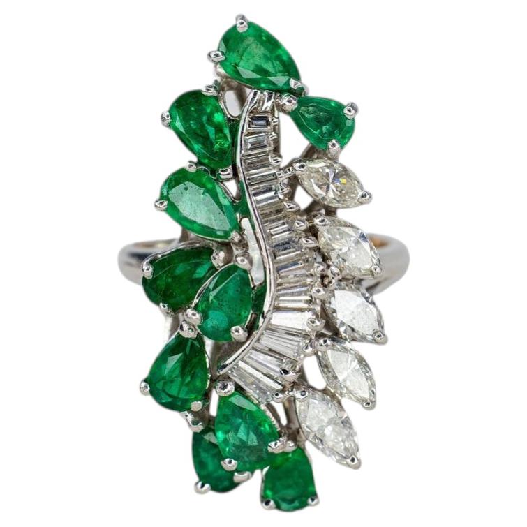 Platinum Multi Cut Diamond & Emerald Cocktail Ring For Sale