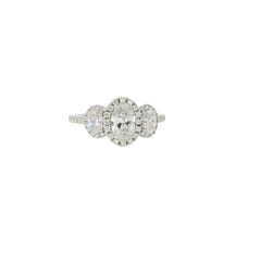 Platinum Natural 1.47 Carat Oval Cut Diamond 3 Stone Halo Engagement Ring