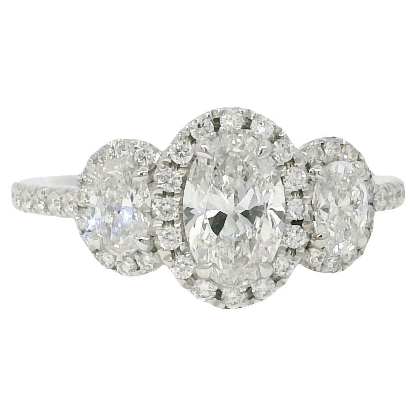 Platinum Natural 1.47 Carat Oval Cut Diamond 3 Stone Halo Engagement Ring