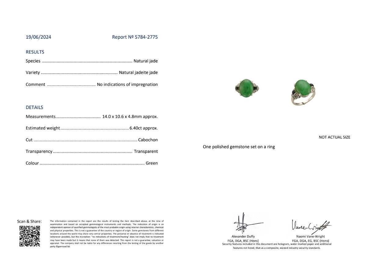 A stylish Art Deco-style platinum ring set with a certified natural jadeite cabochon weighing approximately 6.40 carats, accompanied by black onyx and small round-cut diamond shoulders. The jadeite is transparent with a vibrant green hue, confirmed