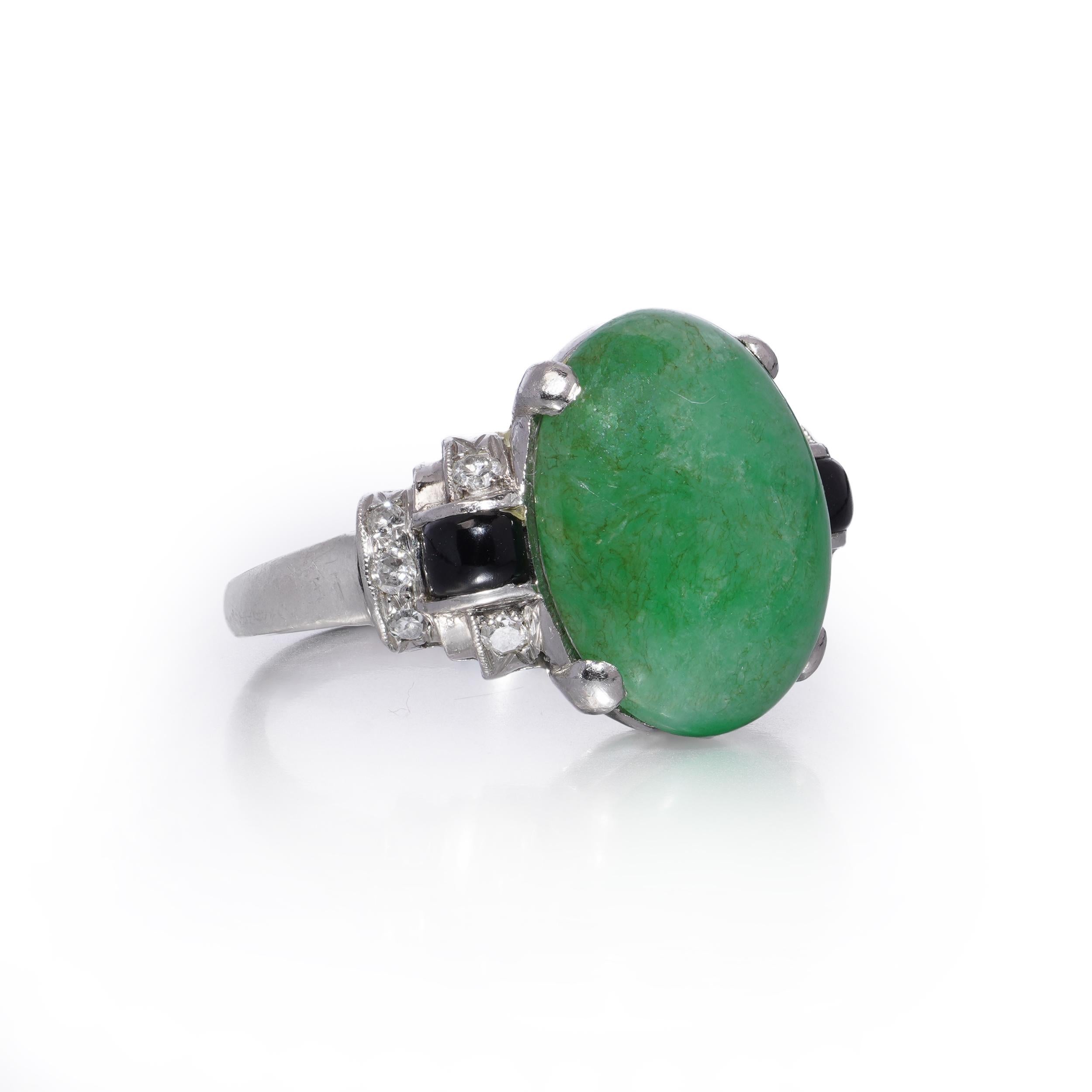 Oval Cut Platinum Natural 6.40 ct. Jadeite, Onyx and Diamond Ring For Sale