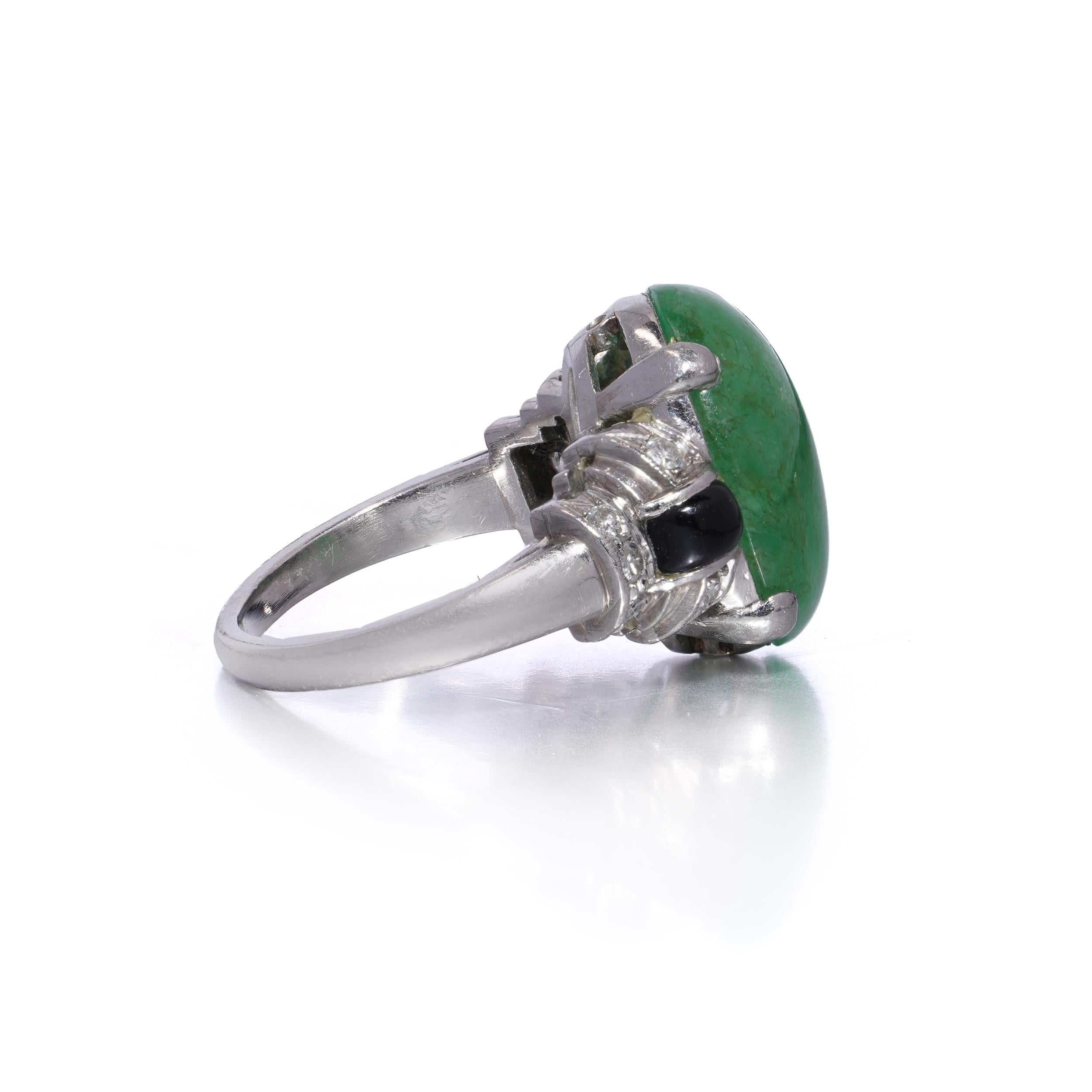 Platinum Natural 6.40 ct. Jadeite, Onyx and Diamond Ring In Good Condition For Sale In Braintree, GB