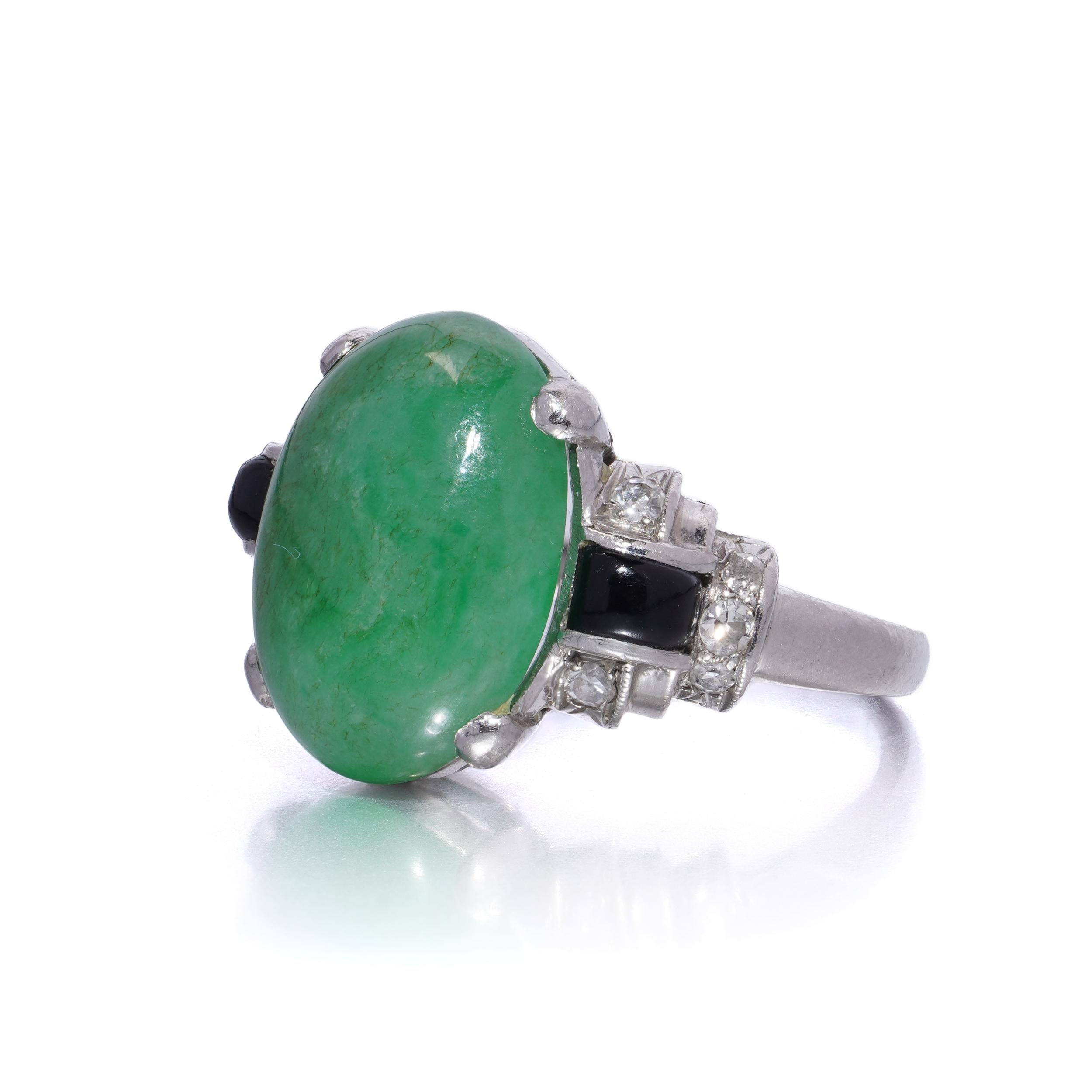 Platinum Natural 6.40 ct. Jadeite, Onyx and Diamond Ring For Sale 1