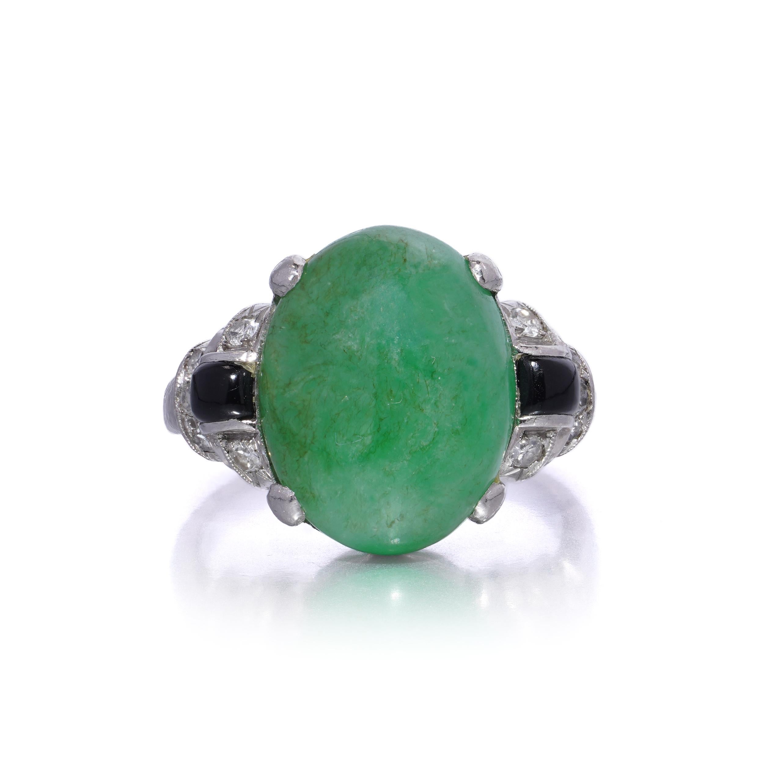 Platinum Natural 6.40 ct. Jadeite, Onyx and Diamond Ring For Sale 2