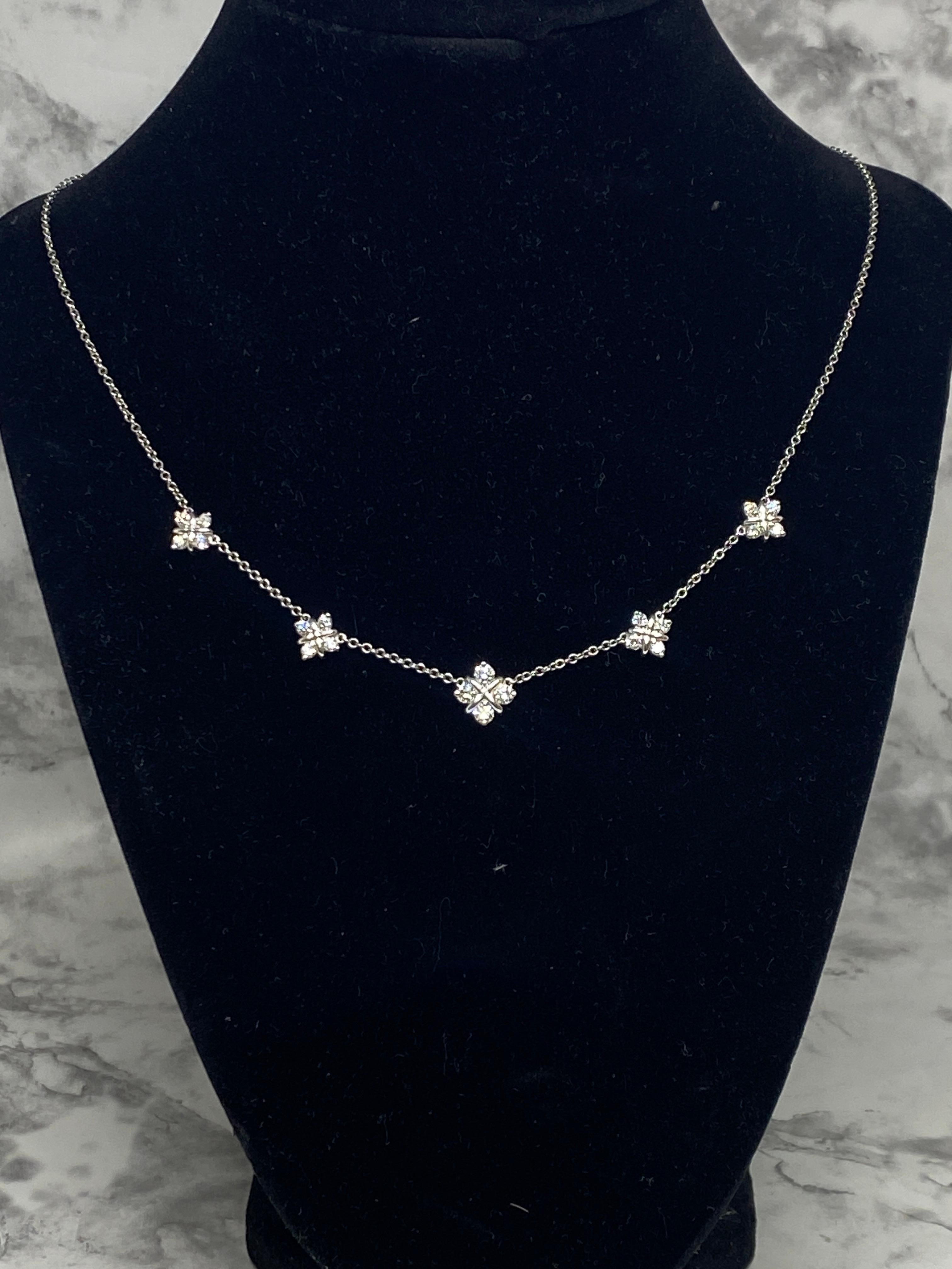 Platinum & Natural Brilliant Cut Diamond Cluster 1.10ctw Station Necklace In Good Condition For Sale In Bernardsville, NJ