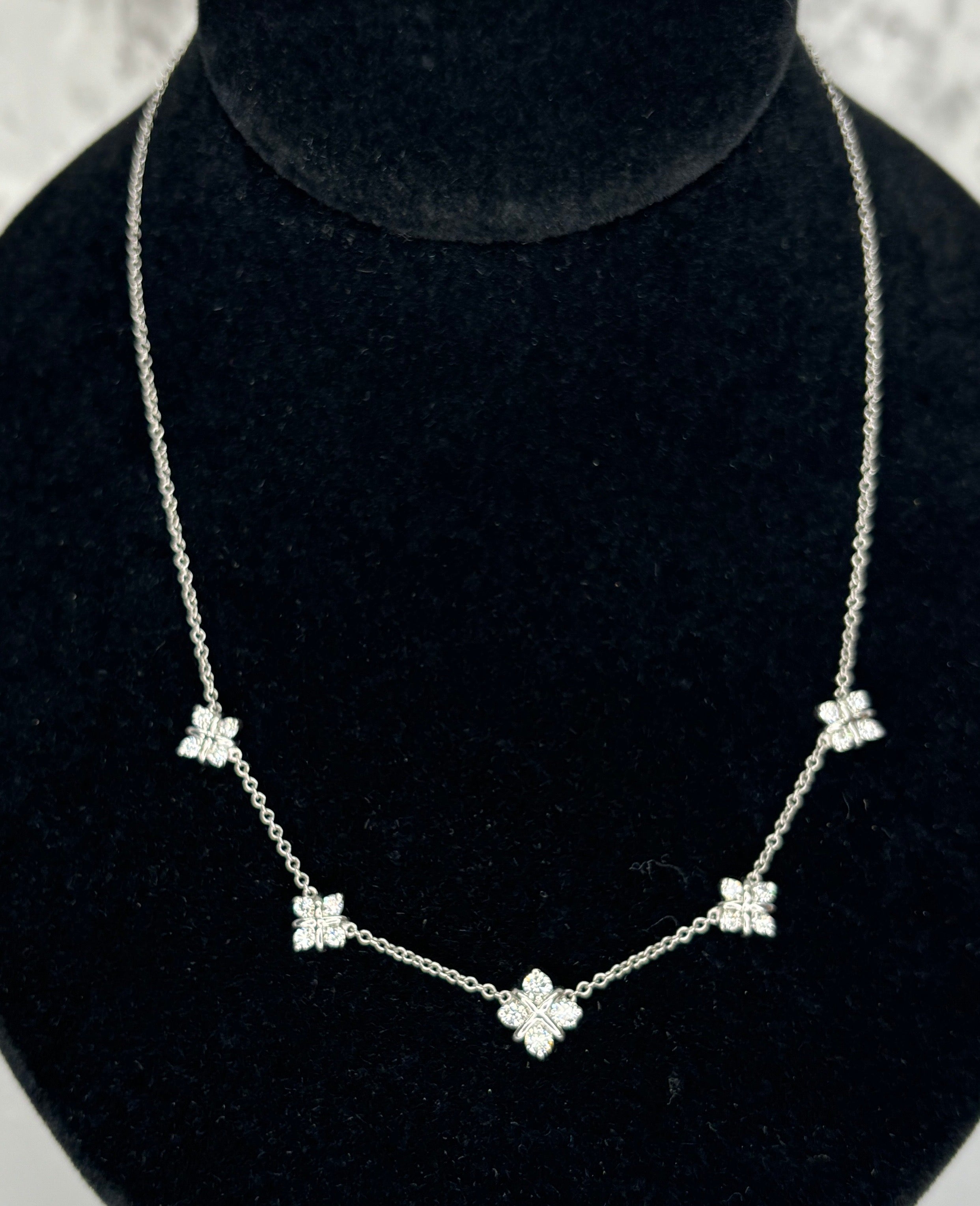 Women's Platinum & Natural Brilliant Cut Diamond Cluster 1.10ctw Station Necklace For Sale