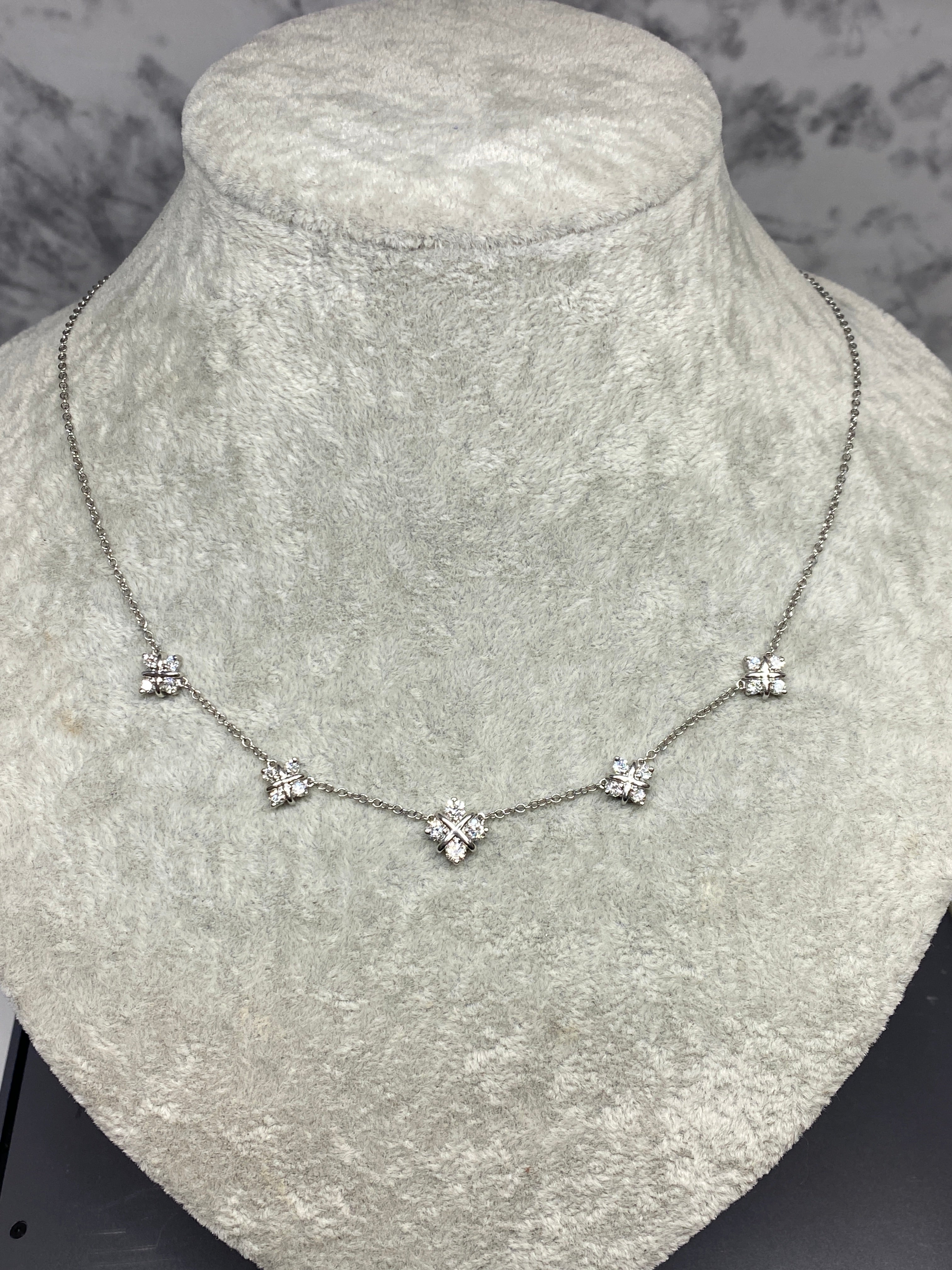 Platinum & Natural Brilliant Cut Diamond Cluster 1.10ctw Station Necklace For Sale 1