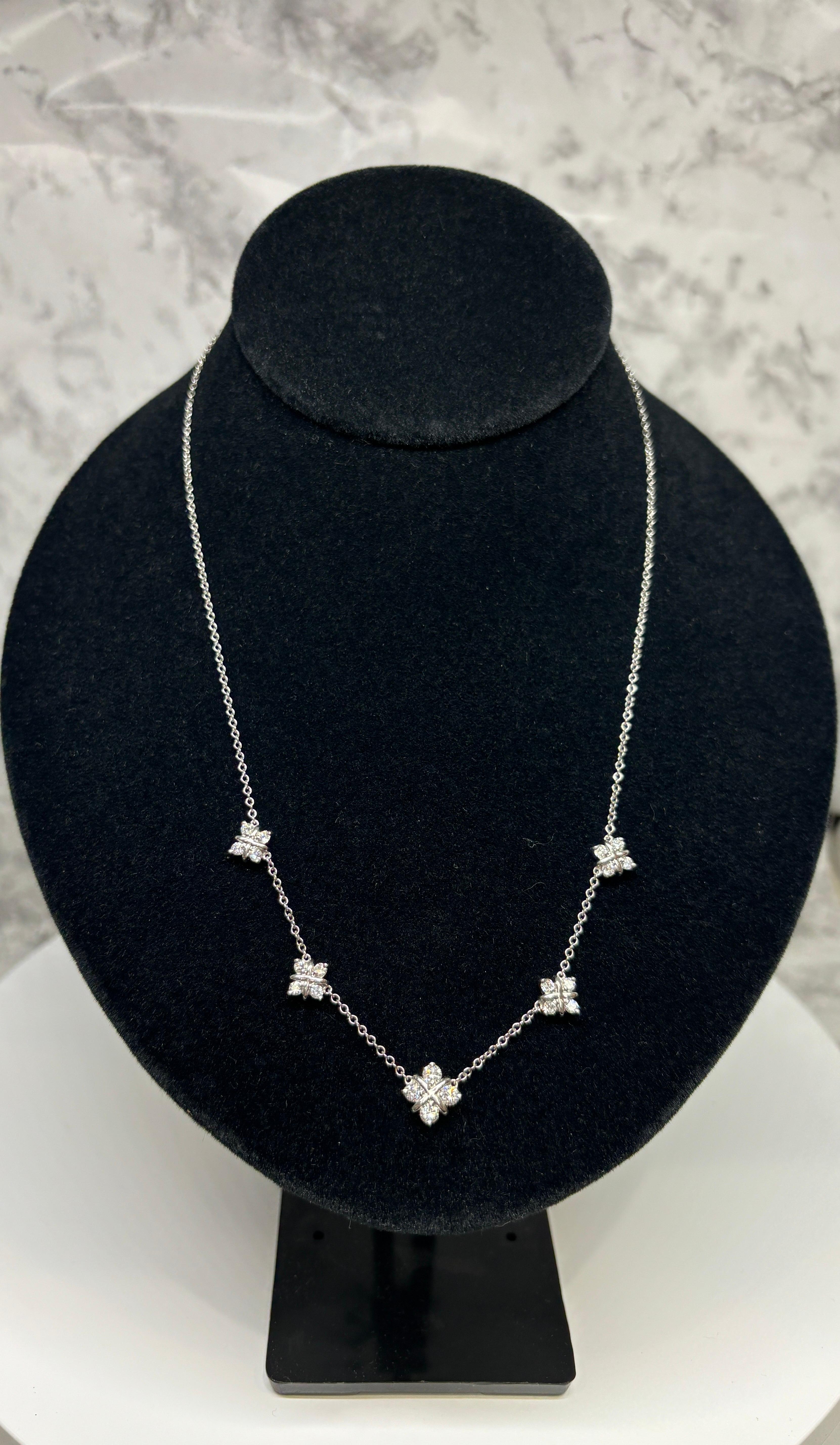 Platinum & Natural Brilliant Cut Diamond Cluster 1.10ctw Station Necklace For Sale 2